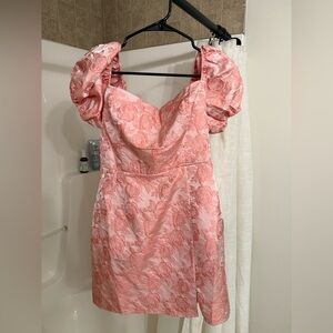 Momentous Cuteness Pink Jacquard Off-the-Shoulder Mini Dress